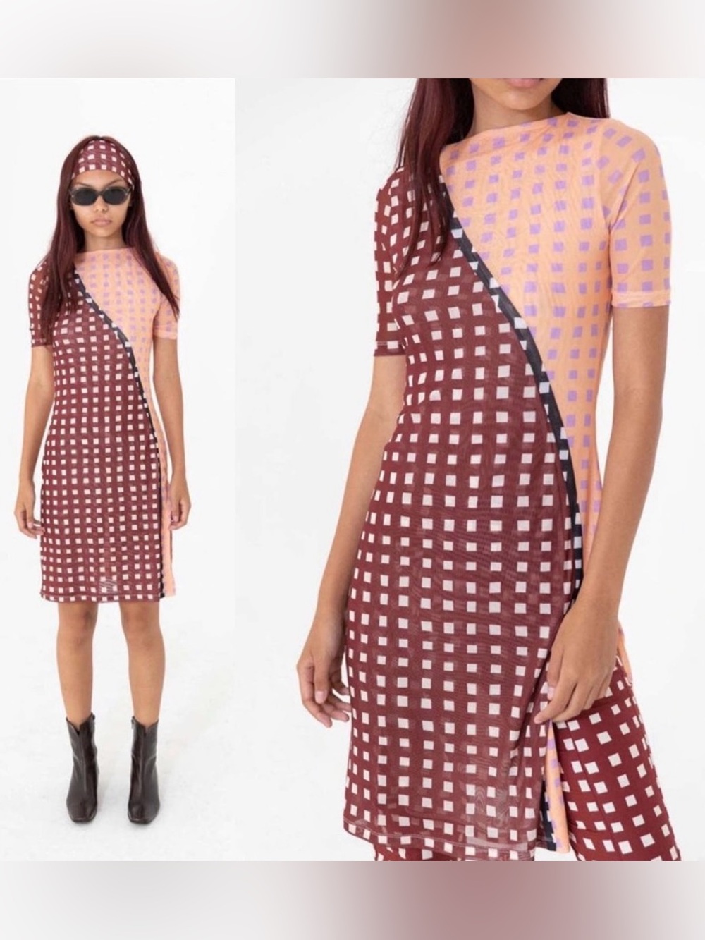 Find Me Now Dress Size Abilene Two Tone Checked Printed Mesh Midi Dress Medium - Picture 2 of 7